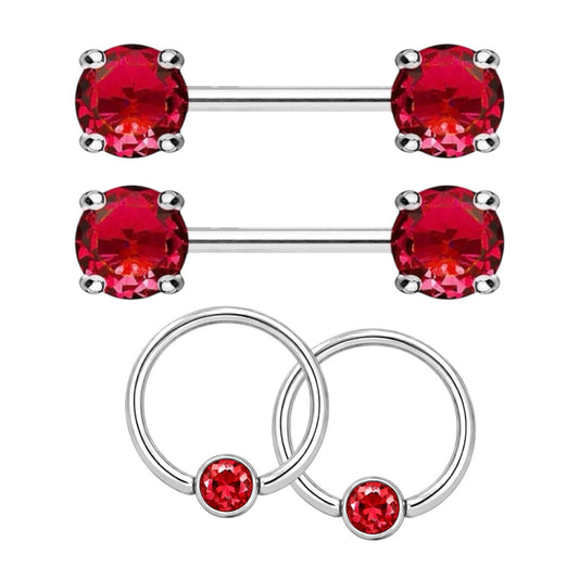 Surgical Steel 14 Gauge Nipple Barbell & Red CZ Captive Bead - Pair