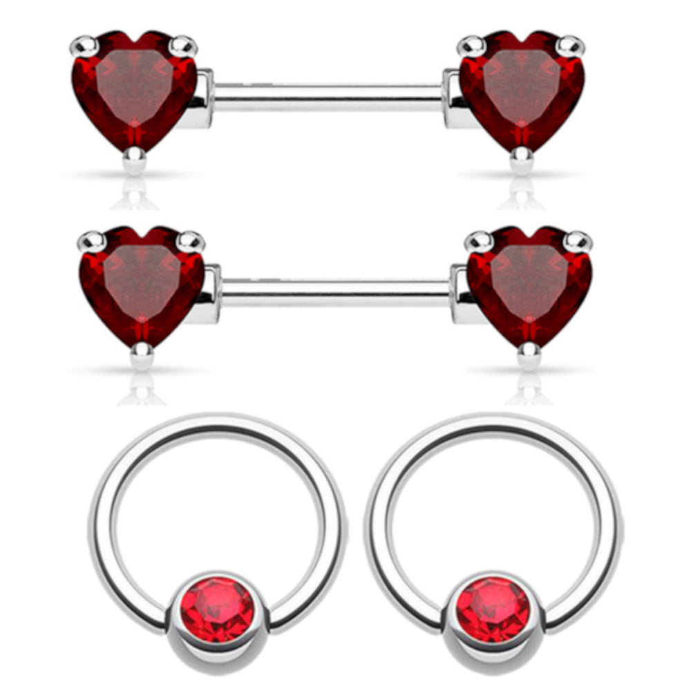 Surgical Steel Red CZ Nipple Barbell & Captive Ring - 2 Pack