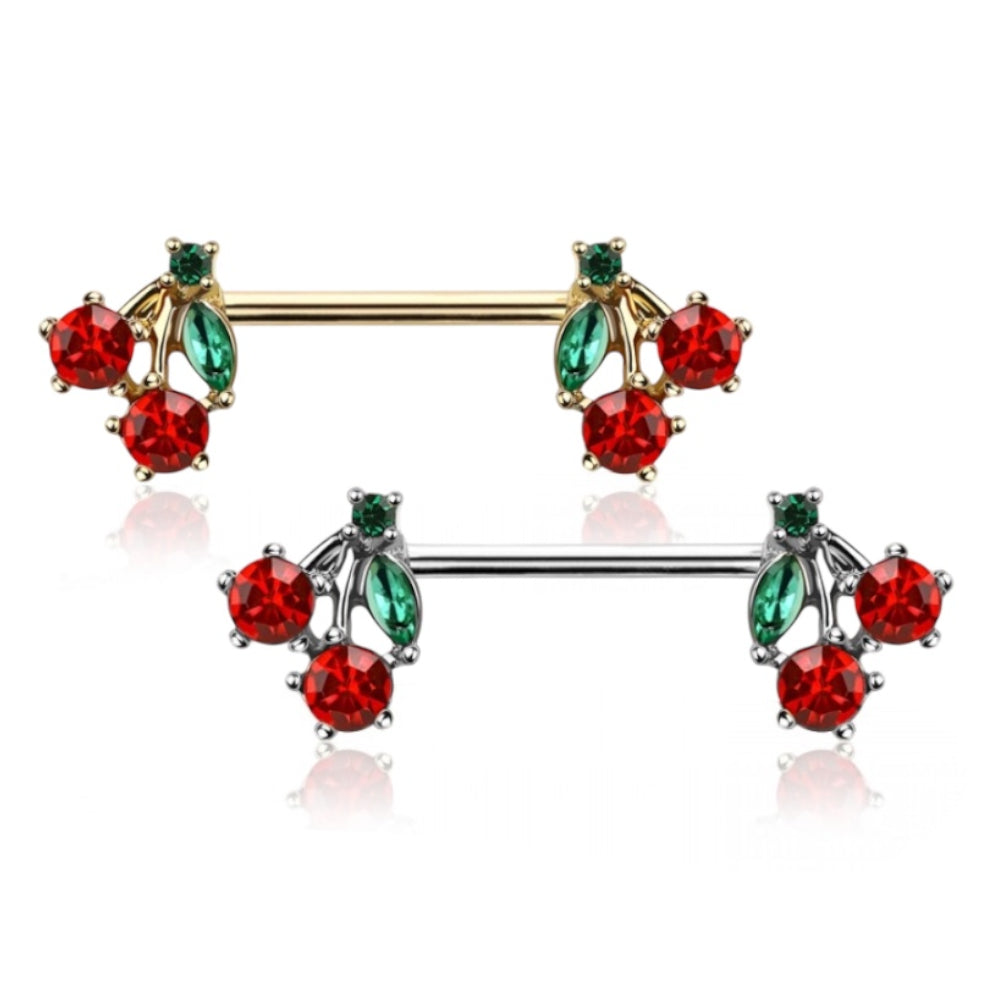 Surgical Steel Nipple Barbell 14G 14mm with Red CZ Cherry - Pair