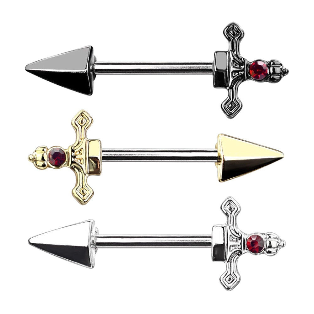 Surgical Steel 14 Gauge Nipple Barbell with Red CZ Dagger - Pair