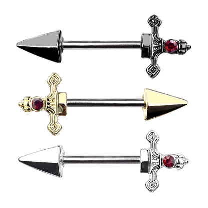 Surgical Steel 14 Gauge Nipple Barbell with Red CZ Dagger - Pair