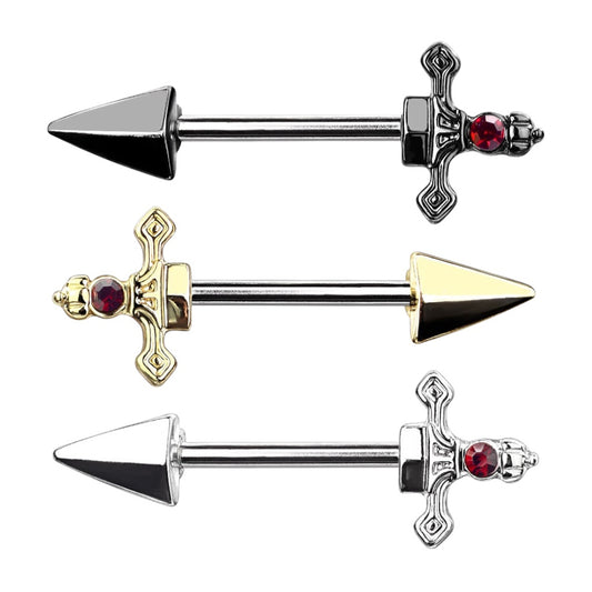 Surgical Steel 14 Gauge Nipple Barbell with Red CZ Dagger - Pair