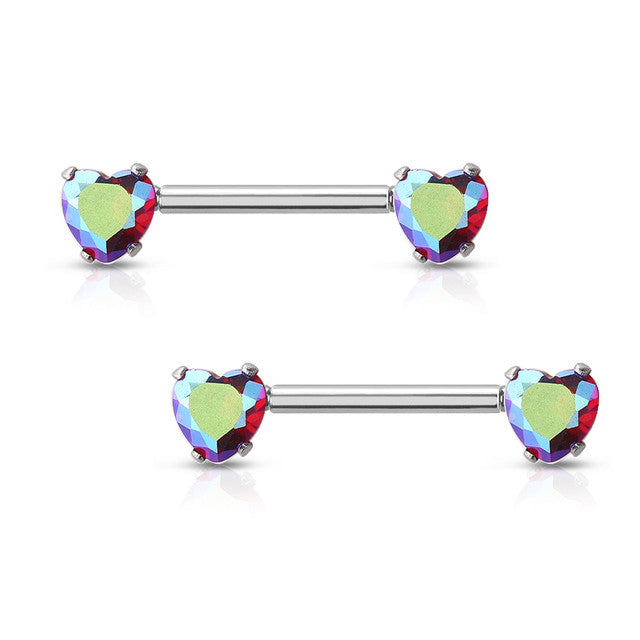 Surgical Steel 14 Gauge Nipple Barbell with CZ Heart Prong Set - Pair - photo 5
