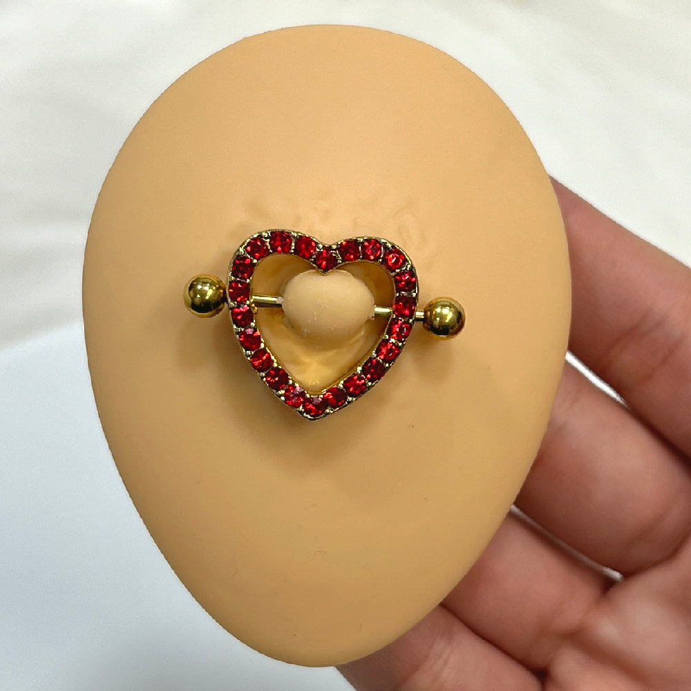 Surgical Steel Nipple Shield Ring 14G with Paved Red CZ Heart - Pair - photo 3