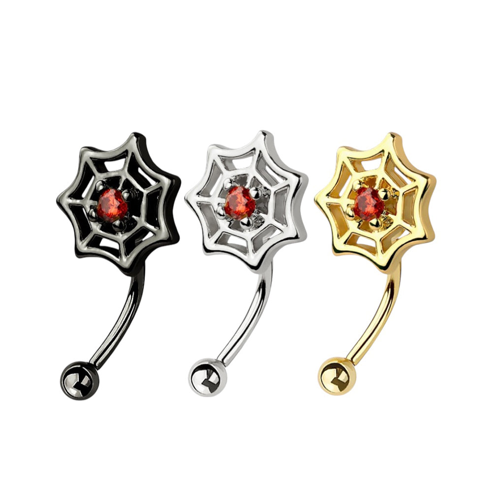 Surgical Steel 16 Gauge Curved Eyebrow Barbell with Red CZ Spider Web