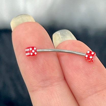 Surgical Steel & Titanium Curved Barbell 16G with Red Acrylic Dice - photo 4