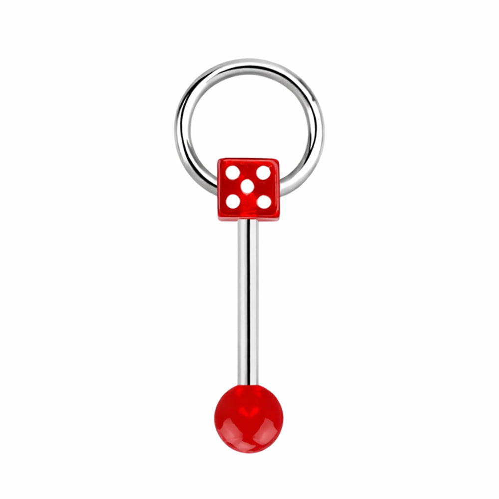 Surgical steel tongue barbell with glow-in-the-dark dice