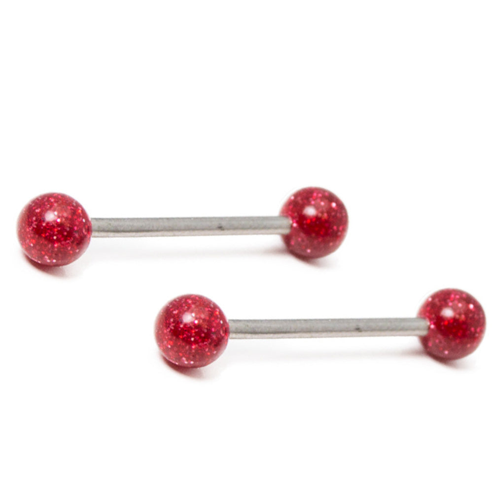 Surgical Steel 14 Gauge Nipple Barbells with Red Glitter Ball - Pair