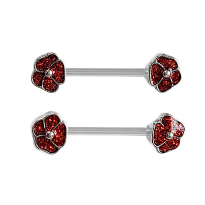 Surgical Steel Nipple Barbell 14G with Red Glitter CZ Poppy - Pair