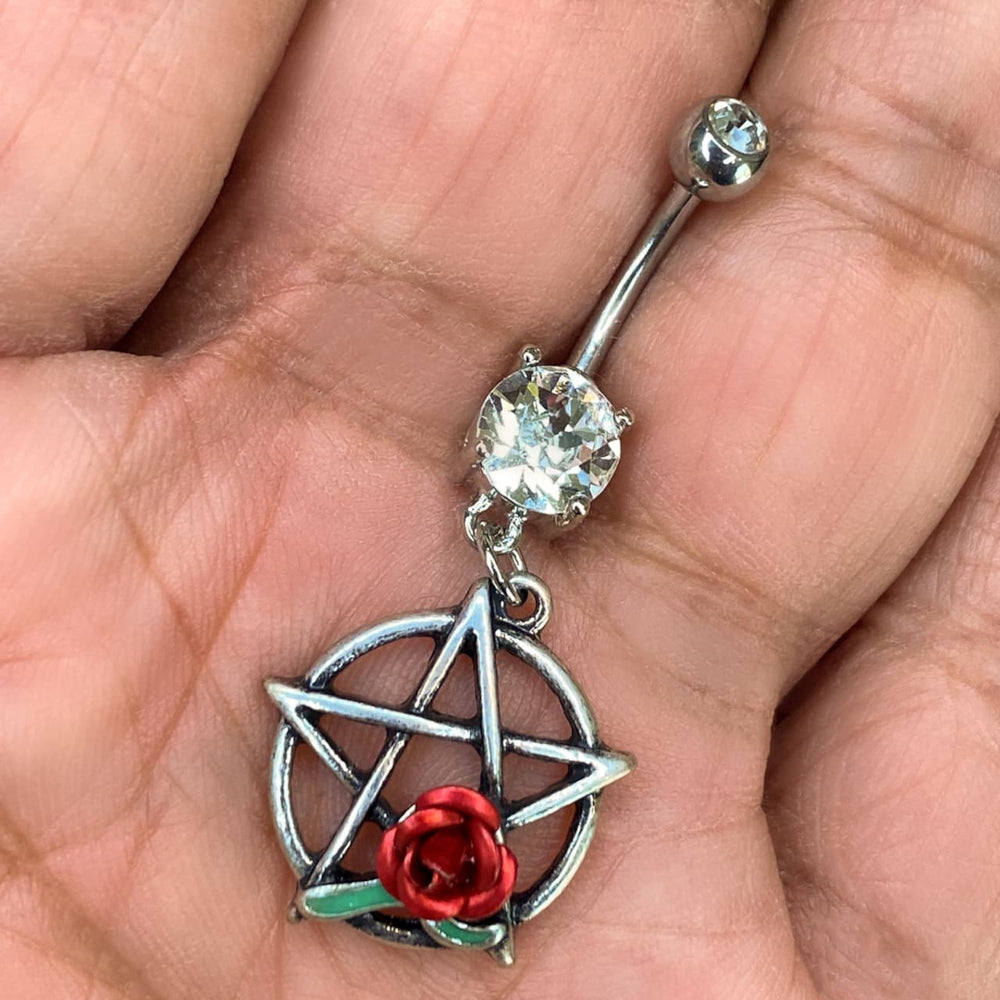 Surgical Steel 14 Gauge Belly Ring with Dangle Red Rose Pentacle CZ - photo 3