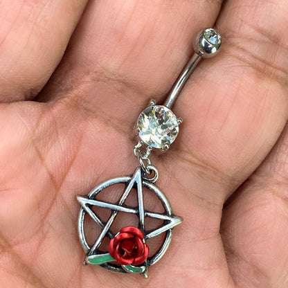 Surgical Steel 14 Gauge Belly Ring with Dangle Red Rose Pentacle CZ - photo 3