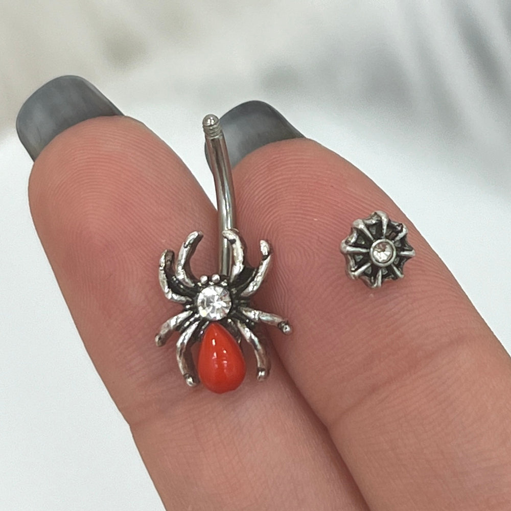 Surgical Steel 14 Gauge Belly Ring with Red CZ Spider on Web - photo 4