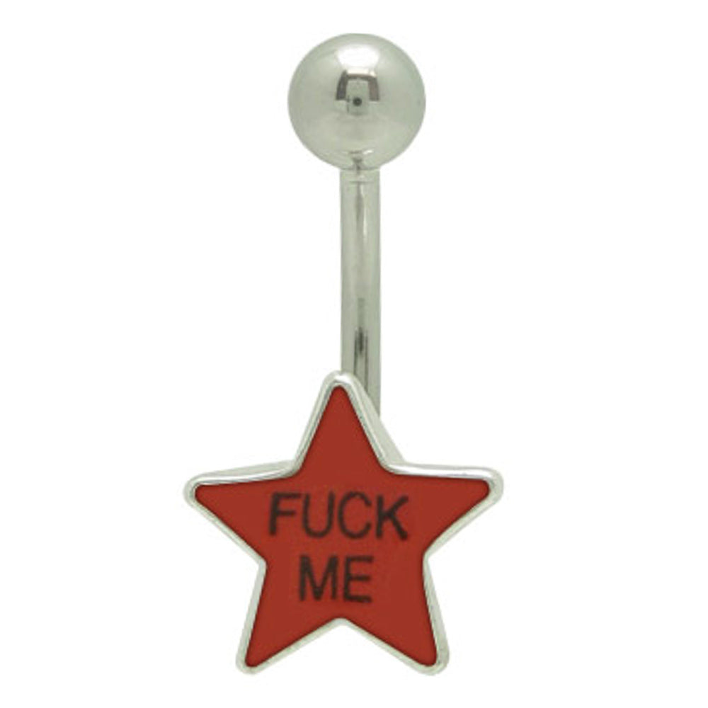 Surgical Steel 14 Gauge Belly Button Ring Red Star with "Fuck Me" Logo