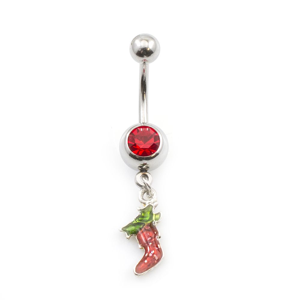 Surgical Steel 14 Gauge Belly Ring with Red Stocking Dangle