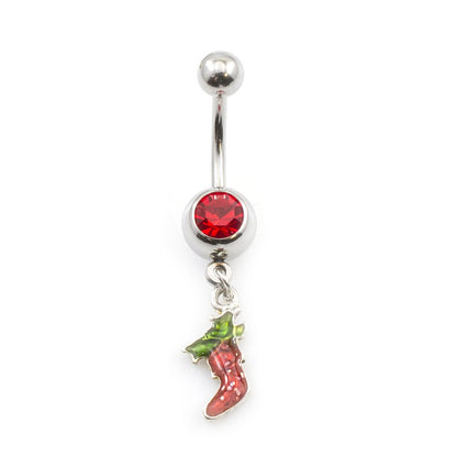 Surgical Steel 14 Gauge Belly Ring with Red Stocking Dangle