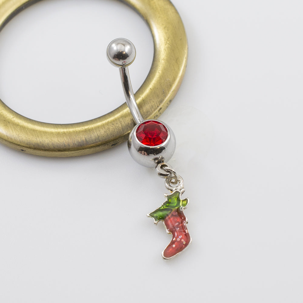 Surgical Steel 14 Gauge Belly Ring with Red Stocking Dangle - photo 3