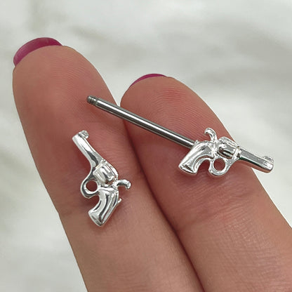 Surgical Steel Nipple Barbell 14G 14mm with Double Revolver Gun - Pair - photo 3