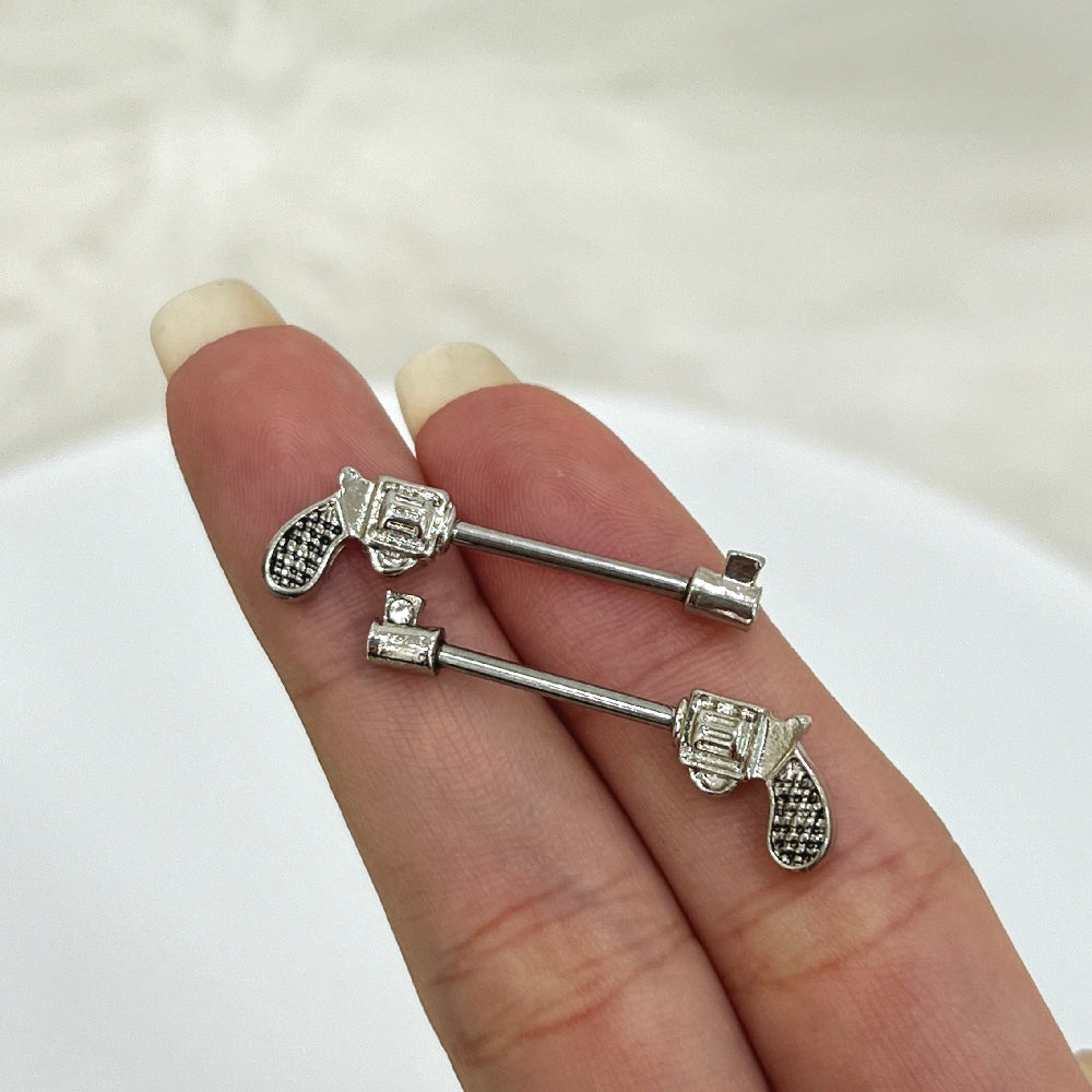 Surgical Steel 14 Gauge Nipple Barbell CZ with Revolver Pistol - Pair - photo 3