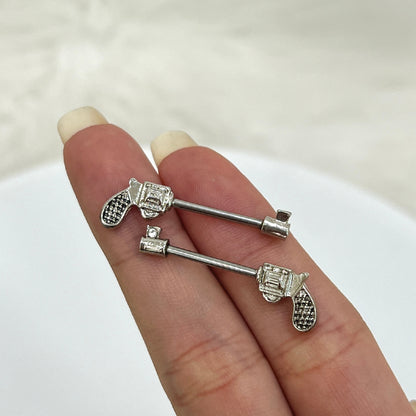 Surgical Steel 14 Gauge Nipple Barbell CZ with Revolver Pistol - Pair - photo 3