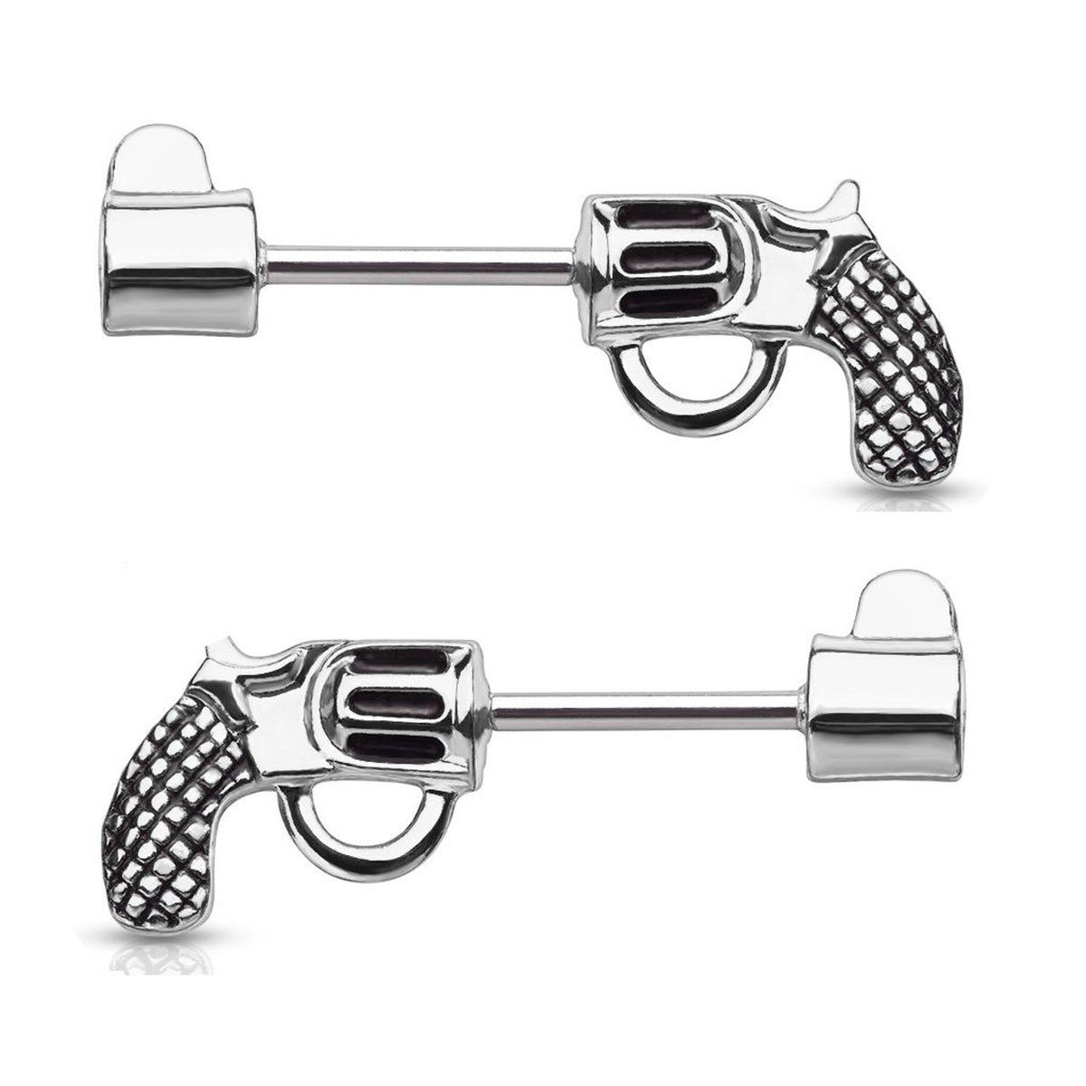 Surgical Steel 14 Gauge Nipple Barbell with Revolver Pistol - Pair