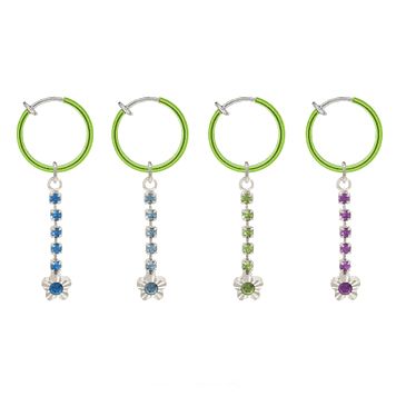Rhodium Plated Green Non-Piercing Belly Clip with Dangling Flower