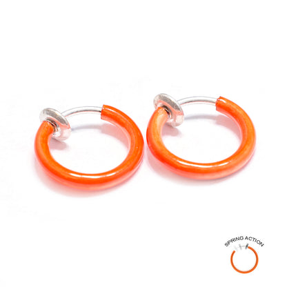 Rhodium Plated Orange Non-Piercing Spring Hoop - Pair