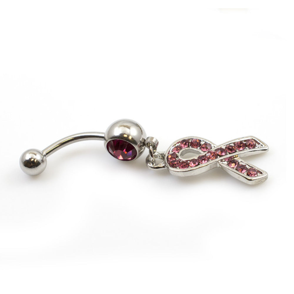 Surgical Steel 14 Gauge Belly Ring Cancer Awareness CZ Ribbon - Pair - photo 3