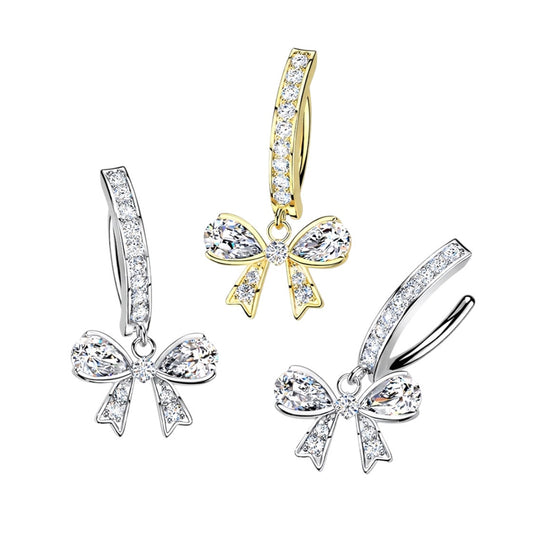 Surgical Steel 14 Gauge Hinged Belly Button Ring with CZ Dangle Ribbon
