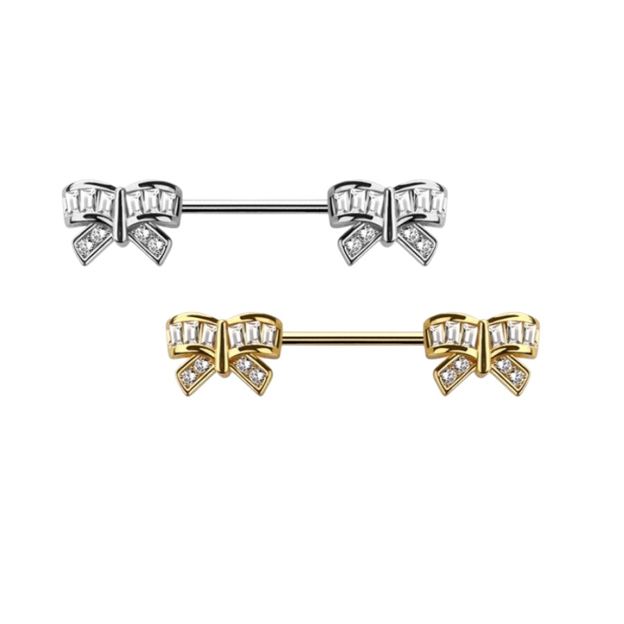 Surgical Steel 14 Gauge Nipple Barbell with CZ Ribbon - Pair