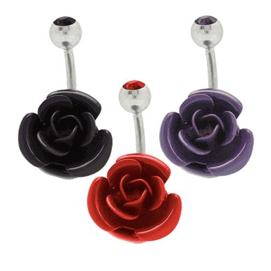 Surgical Steel 14 Gauge Belly Ring with Paint Coated Rose Flower
