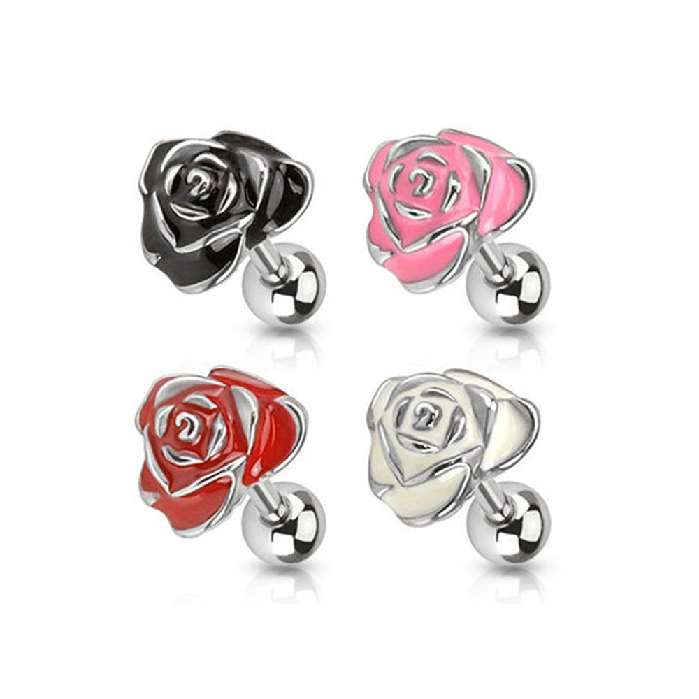 Surgical Steel 16 Gauge Cartilage Barbell with Rose Flower