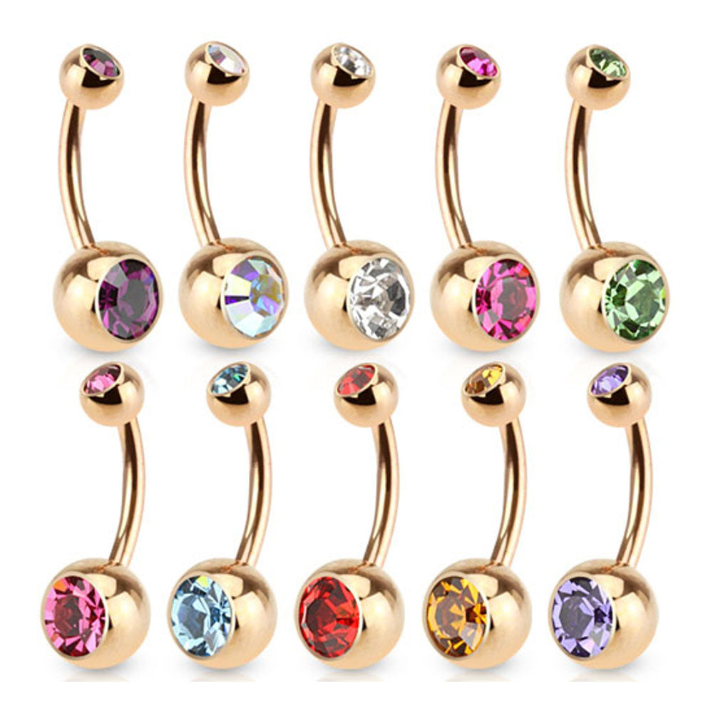 Rose Gold PVD Surgical Steel 14 Gauge Curved Belly Ring with CZ