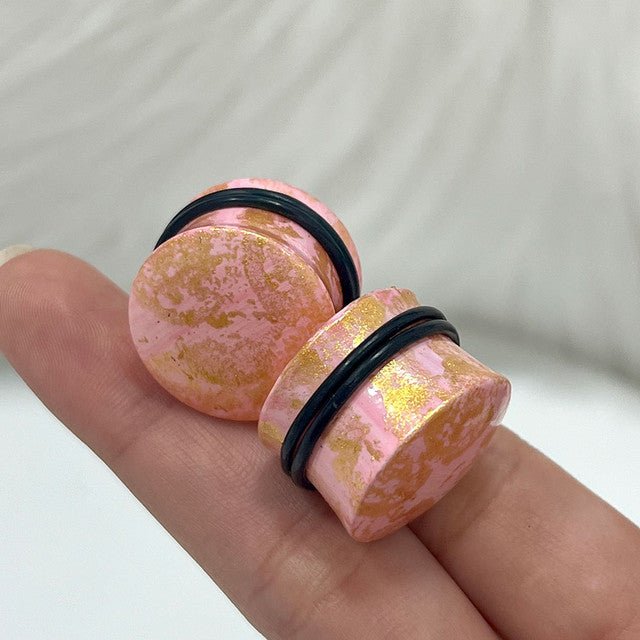Rose Quartz Glitter Resin Double Flared Plug 6 to 13/16" Gauge - Pair - Kruelty