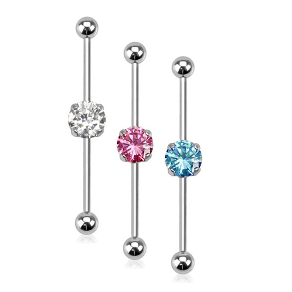 Surgical Steel 14 Gauge Industrial Barbell with Prong Set Round CZ
