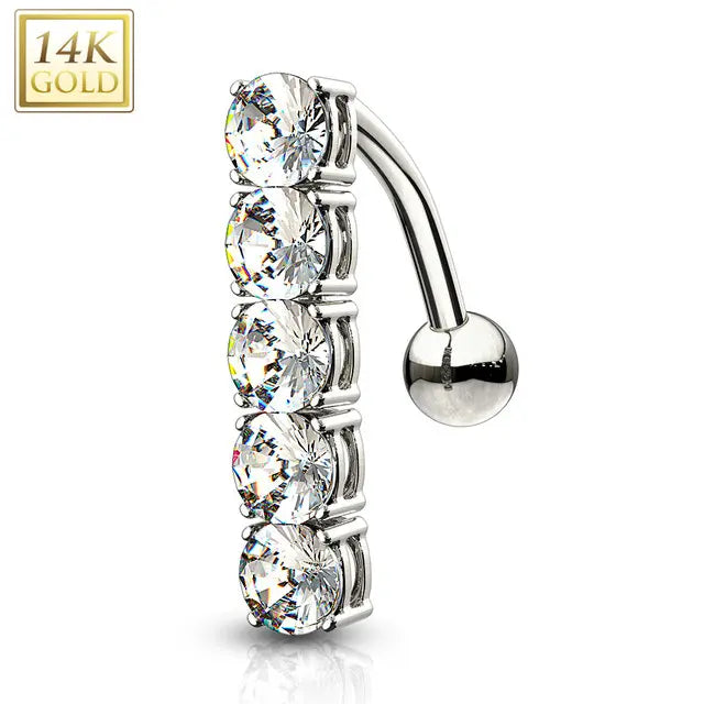 14K Solid Gold 14 Gauge Reverse Belly Ring with 5 CZ - photo 4
