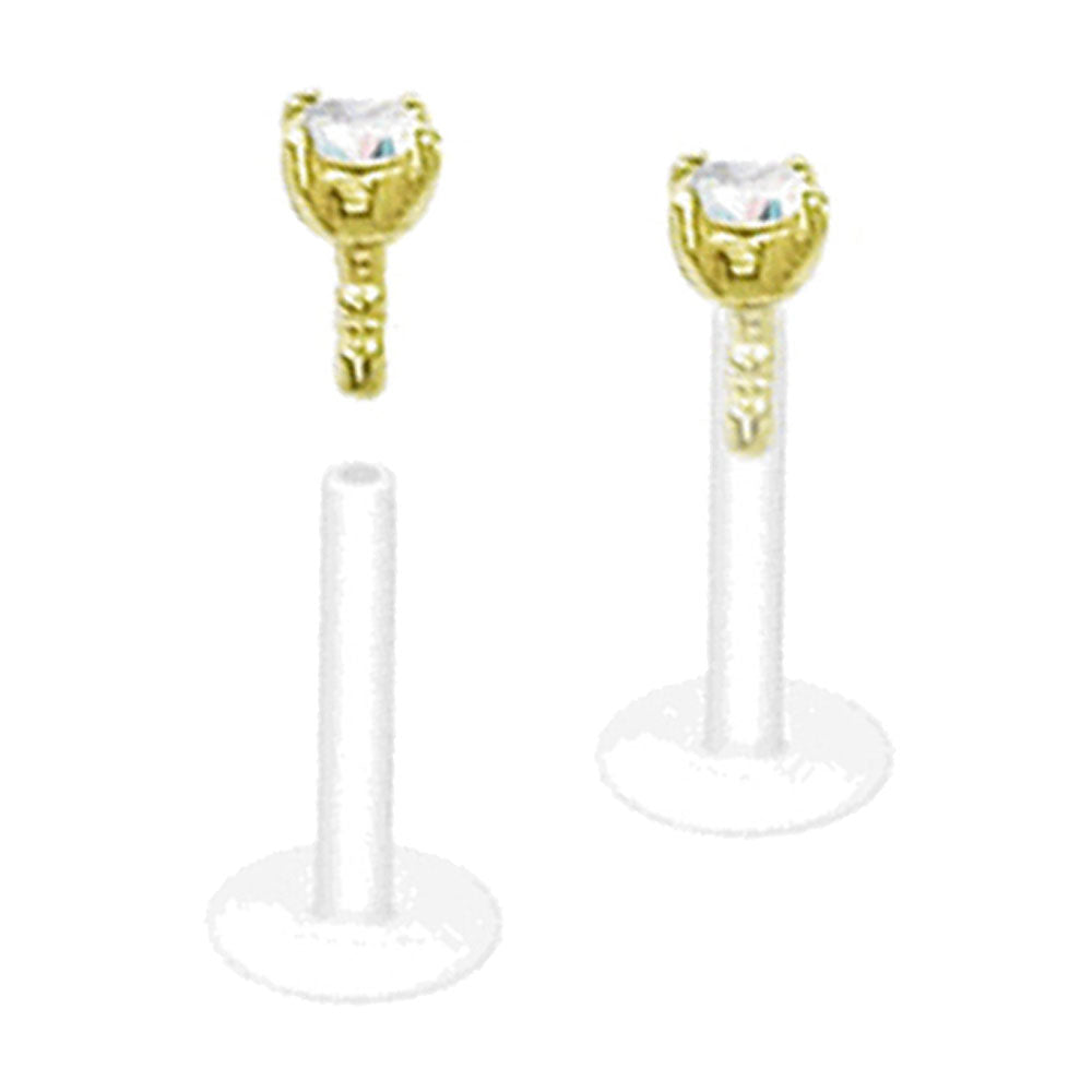 Bioflex 16 Gauge Labret Stud with 14K Solid Gold Prong Set CZ