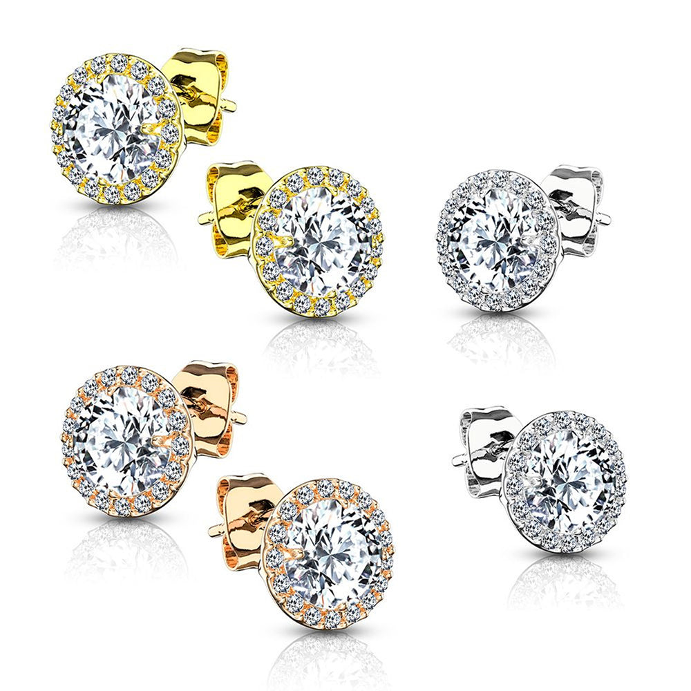 .925 Sterling Silver 20 Gauge Round Halo CZ Stud Earrings - Pair