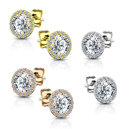 .925 Sterling Silver 20 Gauge Round Halo CZ Stud Earrings - Pair