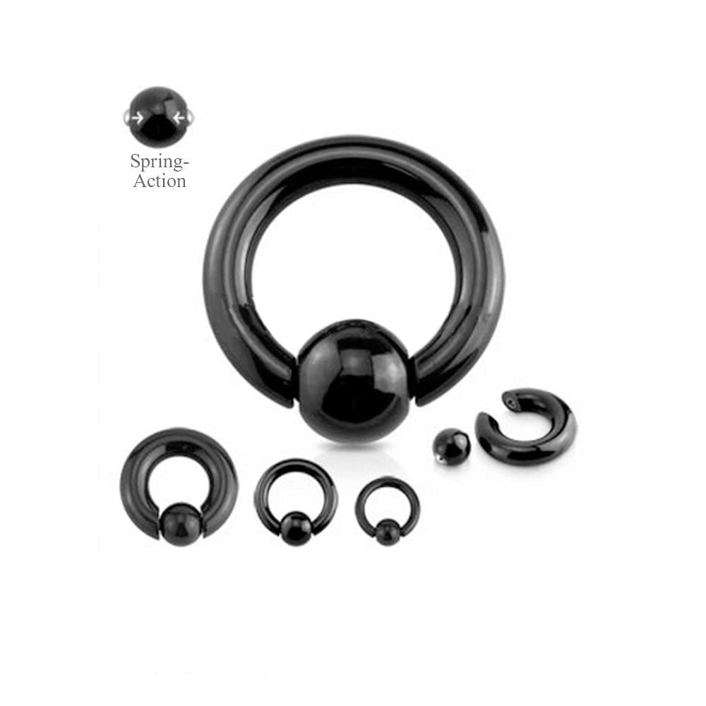 Black IP Surgical Steel Spring Action Captive Bead Ring 0 & 00 Gauge