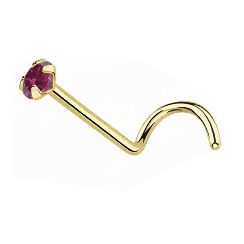 14 Karat Solid Gold 22 Gauge Nose Ring Screw with CZ Gem