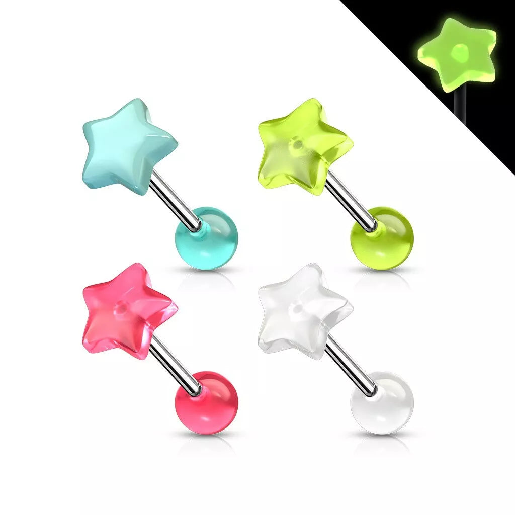 Surgical Steel Straight Barbell 14 Gauge 5/8" (16 mm) UV Acrylic Star - Kruelty