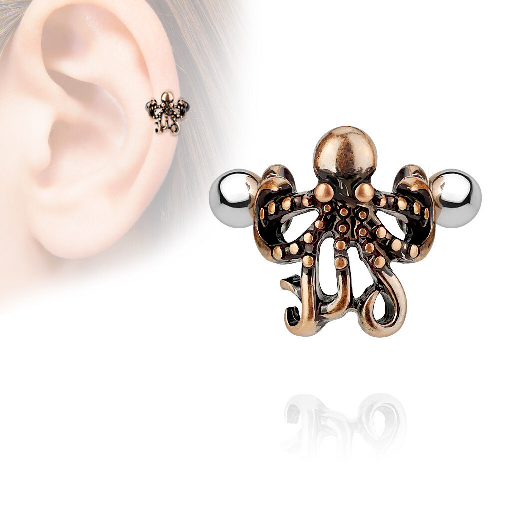Surgical Steel Ear Cartilage Helix Cuff 16 Gauge Barbell Octopus - Kruelty - Photo 3