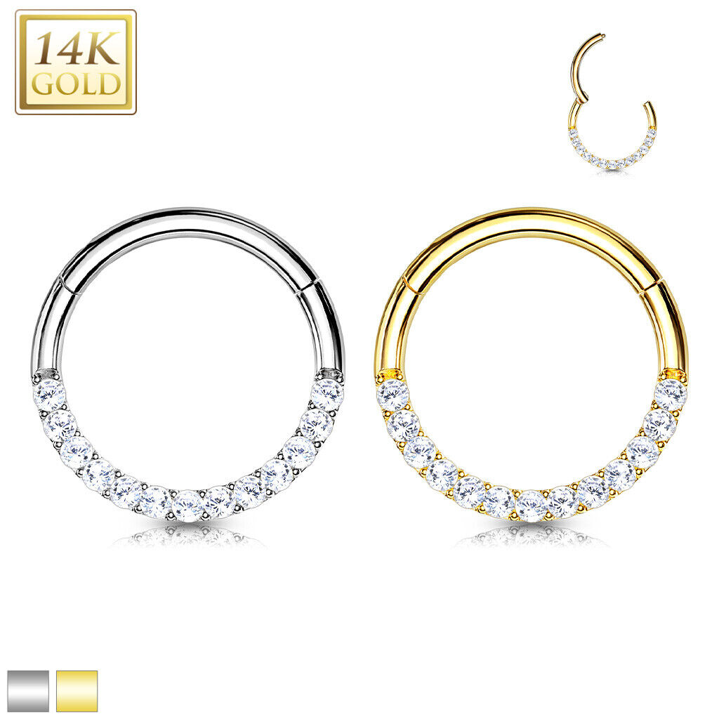14 Karat Solid Gold Septum Clicker Hinged Hoop 16 Gauge CZ Half Circle - Kruelty