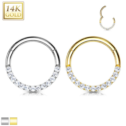 14 Karat Solid Gold Septum Clicker Hinged Hoop 16 Gauge CZ Half Circle - Kruelty