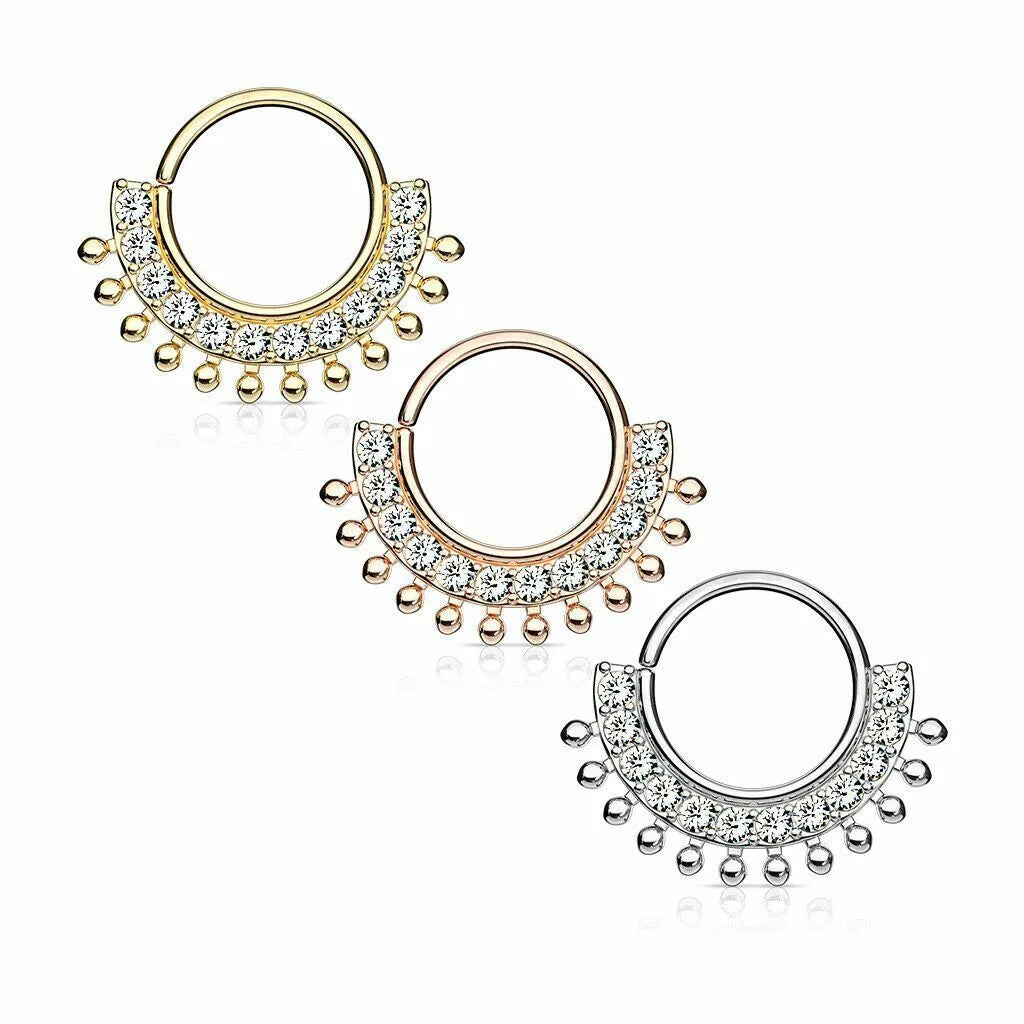 Surgical Steel Bendable Hoop Septum Ring 16 Gauge with Fan CZ Gems - Kruelty