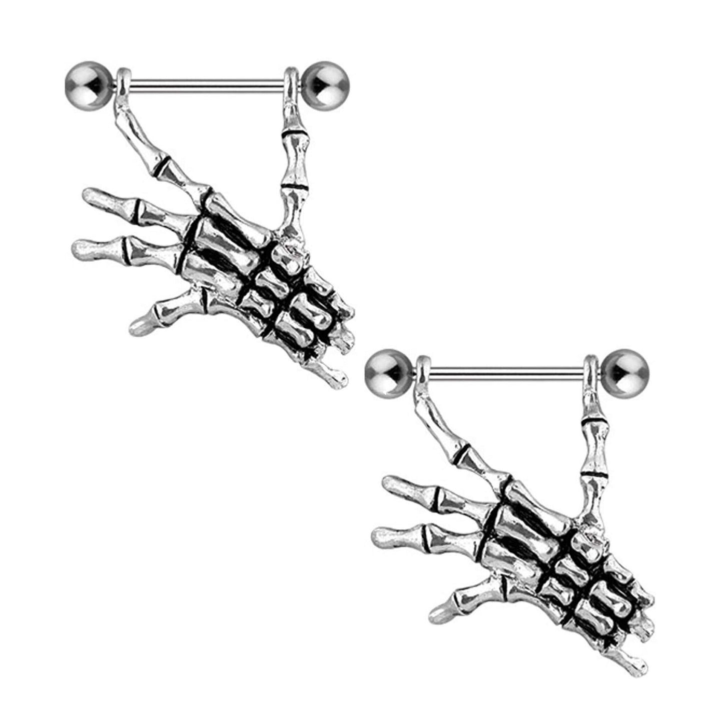 Surgical Steel Nipple Ring Barbell Shield 14 Gauge & Skeleton Hands - Pair