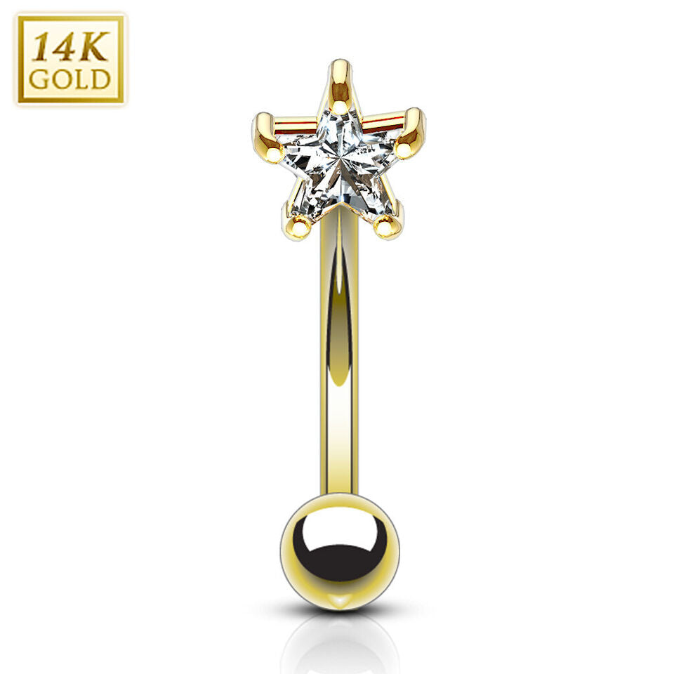 14 Karat Solid Gold Curved Barbell 16 Gauge 5/16" Eyebrow Star CZ Gem - Kruelty - Photo 4