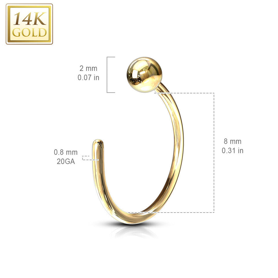 14 Karat Solid Gold Nose Ring Hoop 20 Gauge 8 MM With Round End