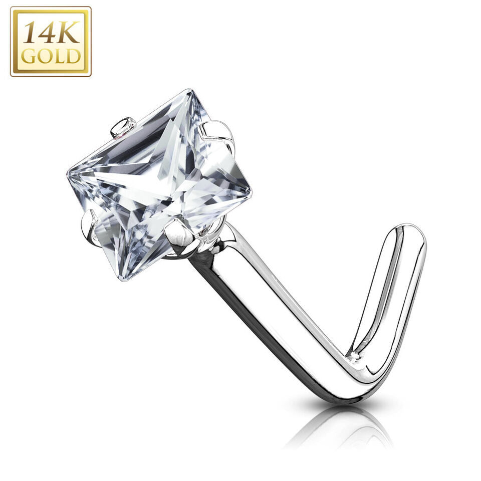 14 Karat Solid Gold Nose Ring Stud 20 Gauge 1/4" L Bend with Square CZ