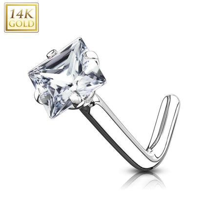 14 Karat Solid Gold Nose Ring Stud 20 Gauge 1/4" L Bend with Square CZ